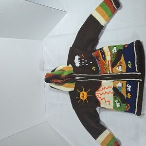 Kid’s Handmade Knit Farm Sweater Zipper Cardigan Brown  Hooded Sz 6